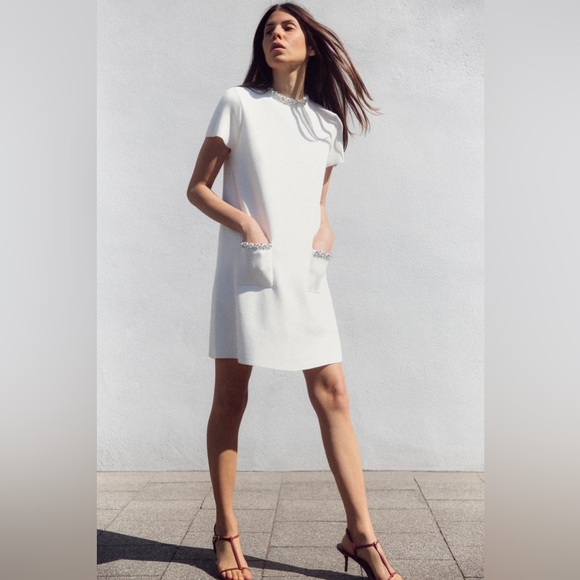 Zara White Mini Dress with Embellished Pockets - Picture 2 of 7